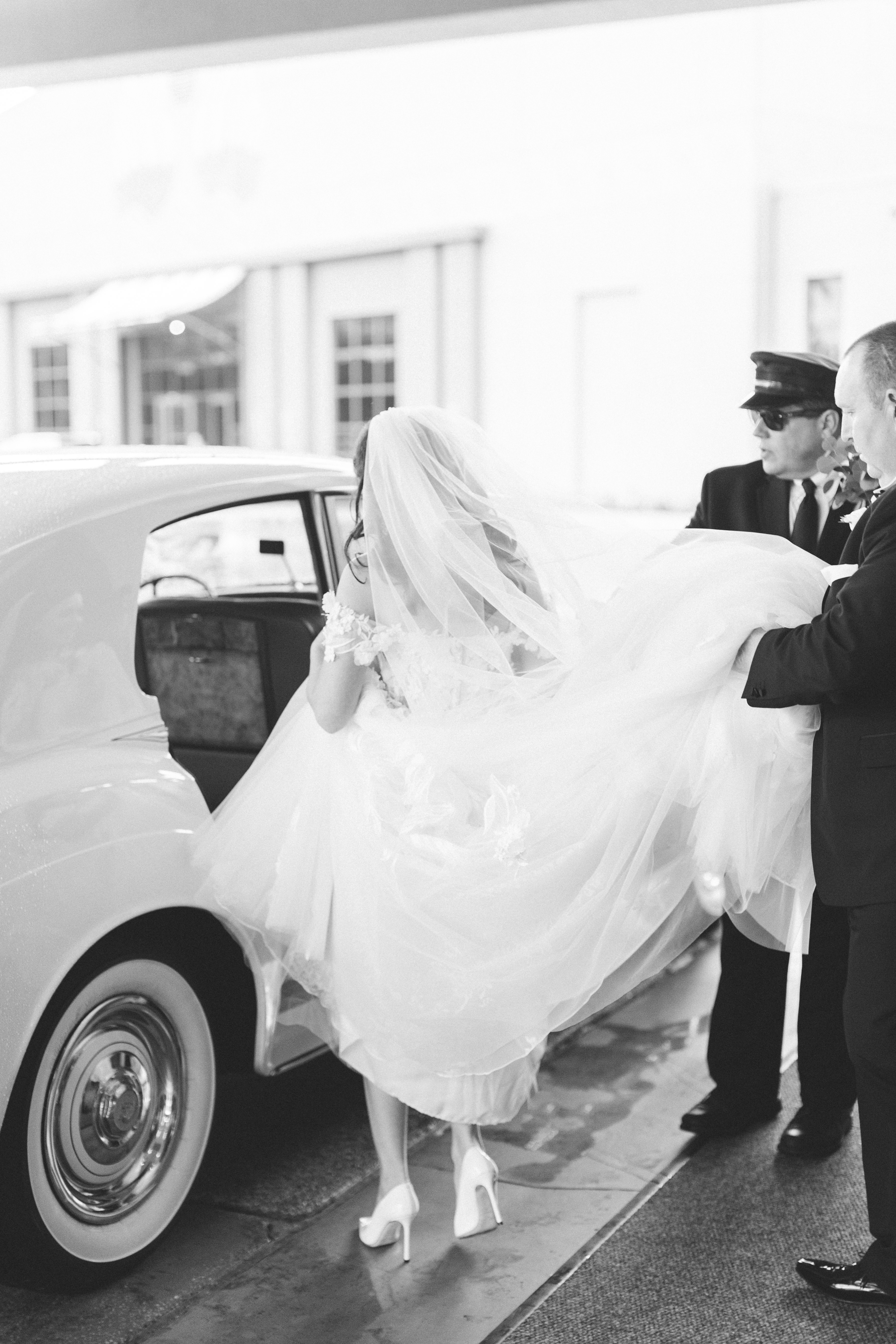 black and white bride vintage car
